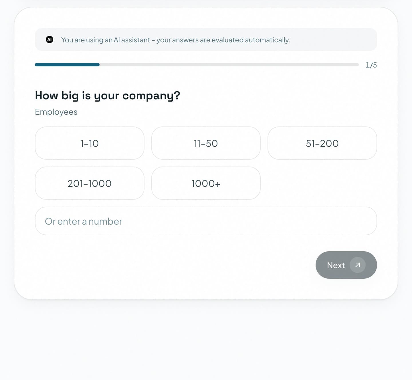 The NoviCogi AI assistant asking about company size