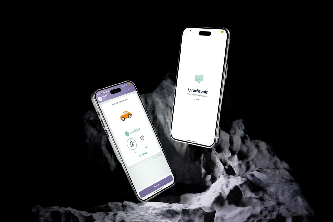 Die Sprachspatz-App auf zwei Smartphones – von NoviCogi entwickelt