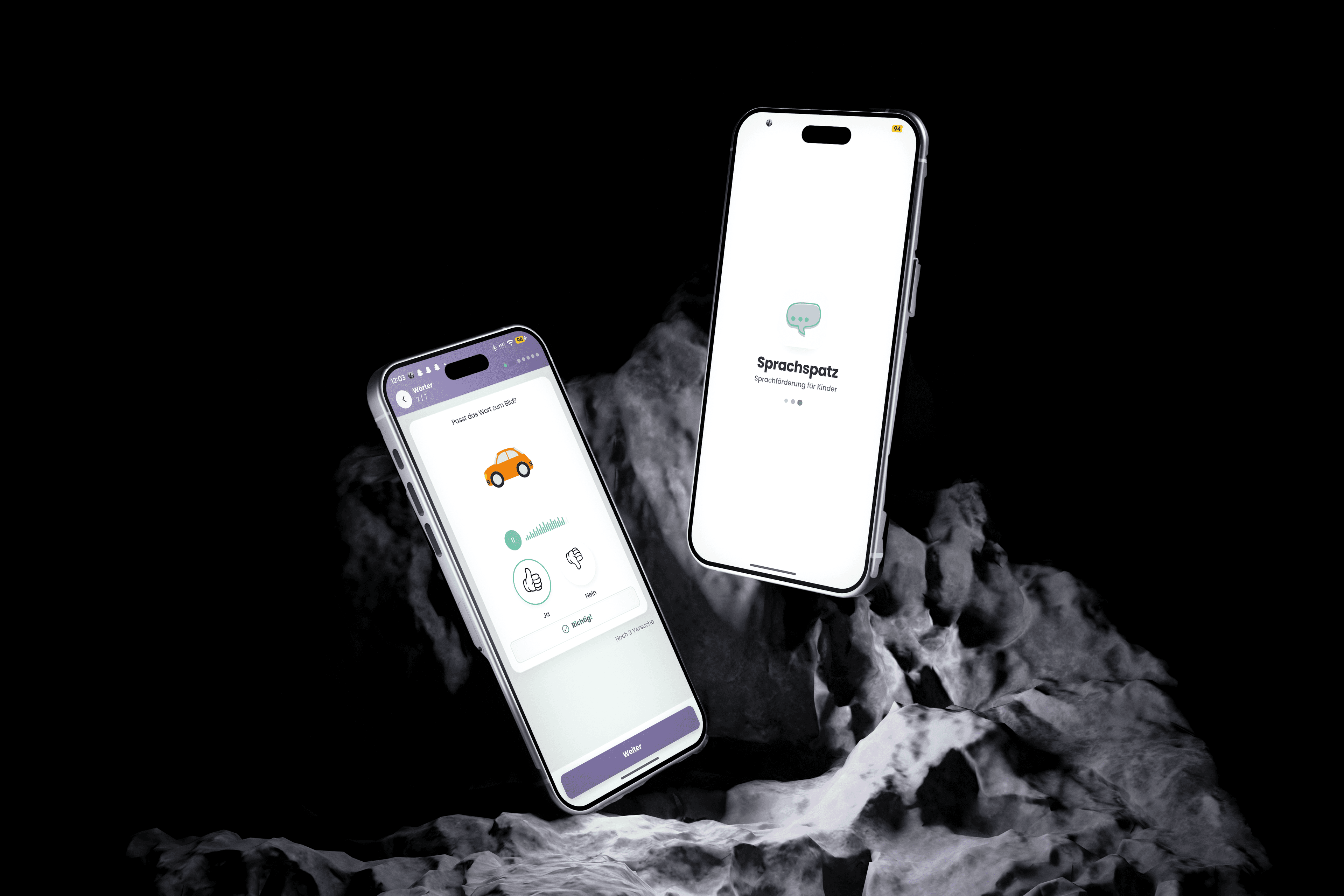 Sprachspatz app shown on two smartphones